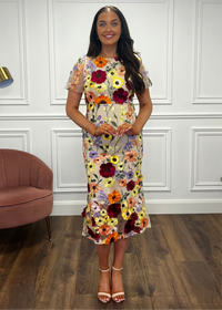 “Polly” Dress With 3D Floral Print And Nude Underlay