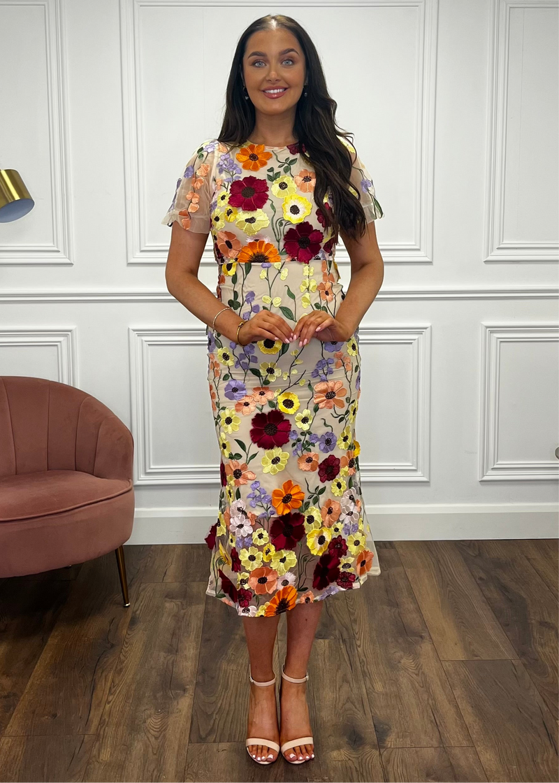“Polly” Dress With 3D Floral Print And Nude Underlay