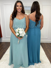 “Lily” & “Faye” Bridesmaid Dresses In Silver Fern & Pine