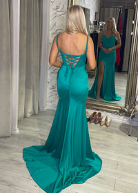 Teal Fitted Prom Dress With Corset Bodice