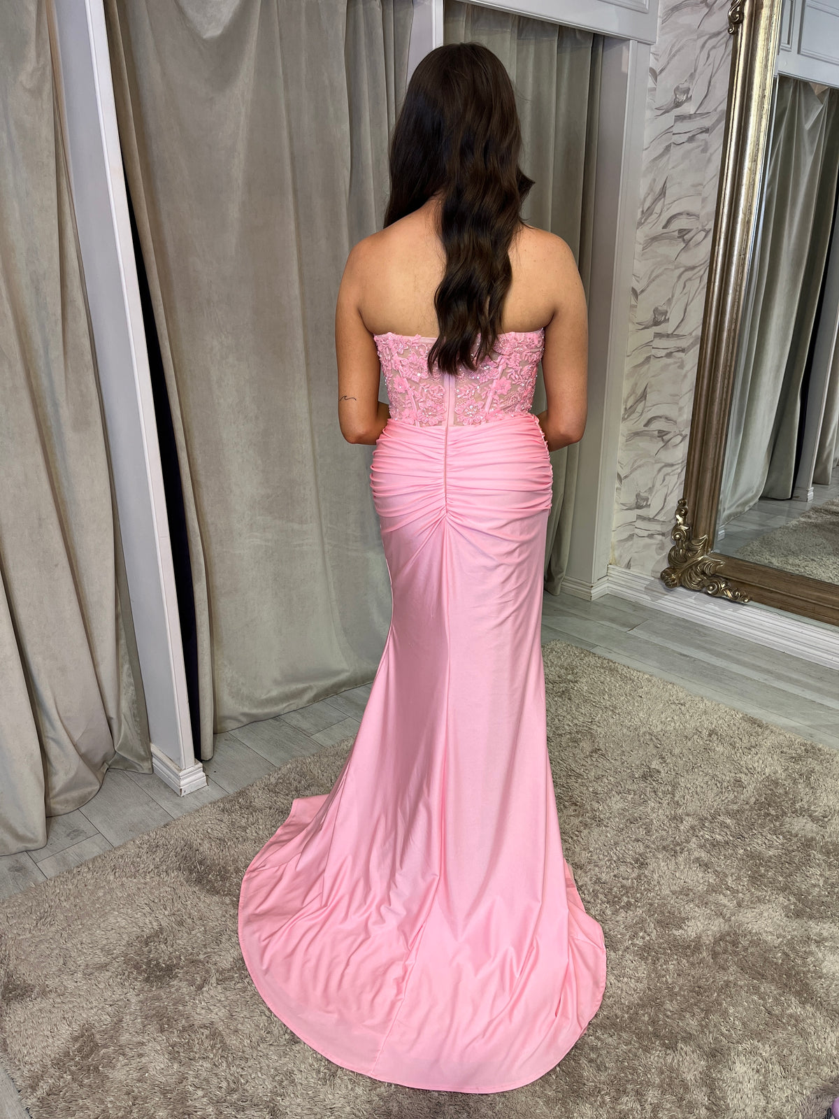 Baby Pink Strapless Prom Dress With Beaded Top