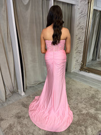 Baby Pink Strapless Prom Dress With Beaded Top