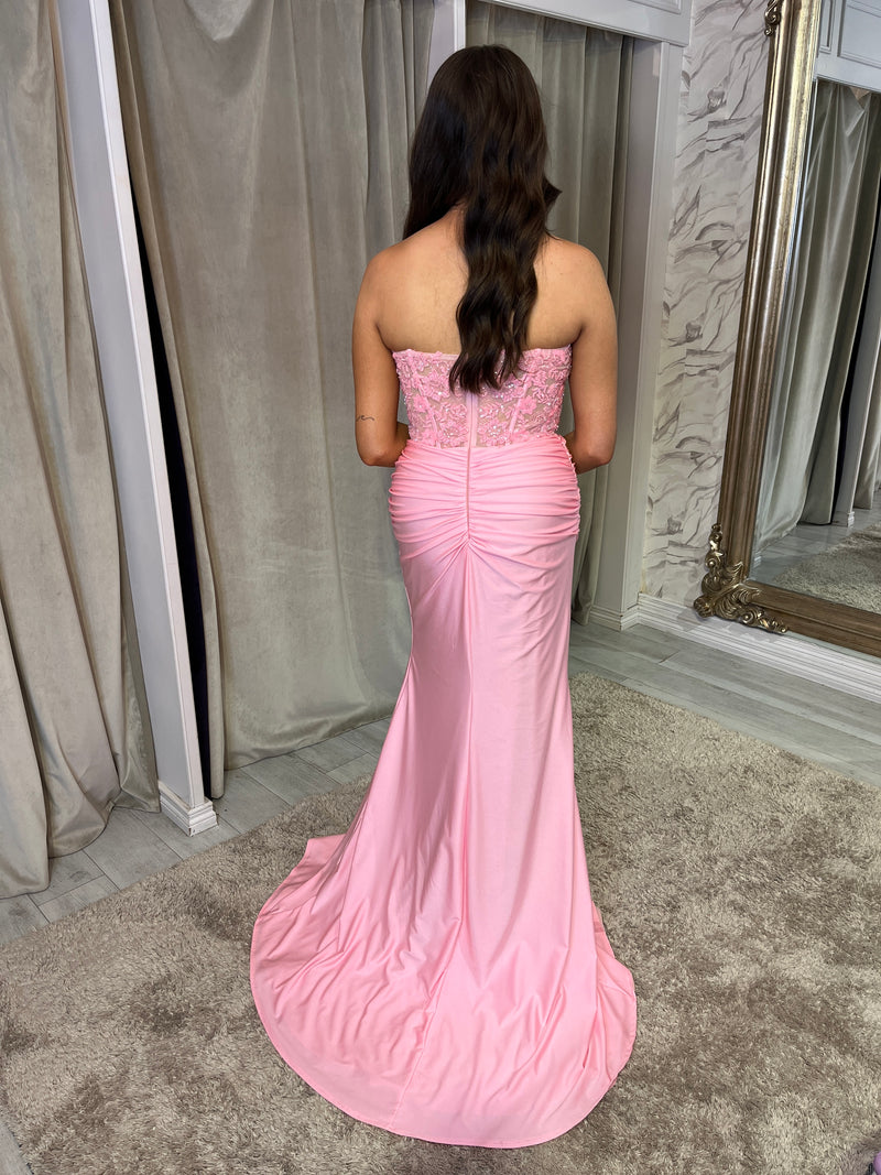Baby Pink Strapless Prom Dress With Beaded Top