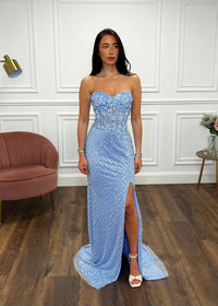 Baby Blue Fitted Fully Beaded Prom Dress With Corset Top