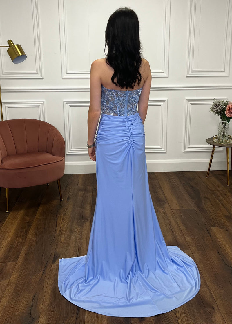 Baby Blue Strapless Prom Dress With Beaded Top