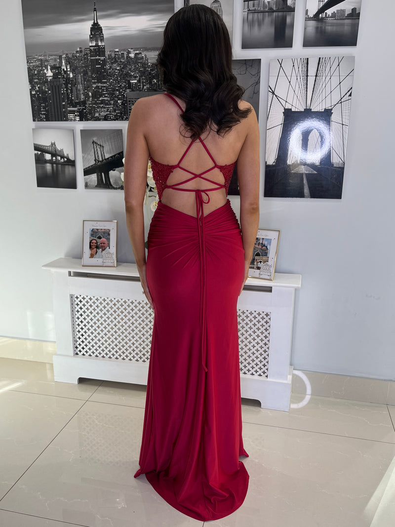 Burgundy Fitted Prom Dress With Lace Effect Corset Top