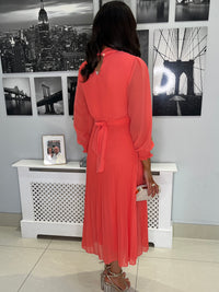 “Sophie” Pleated Dress In Coral