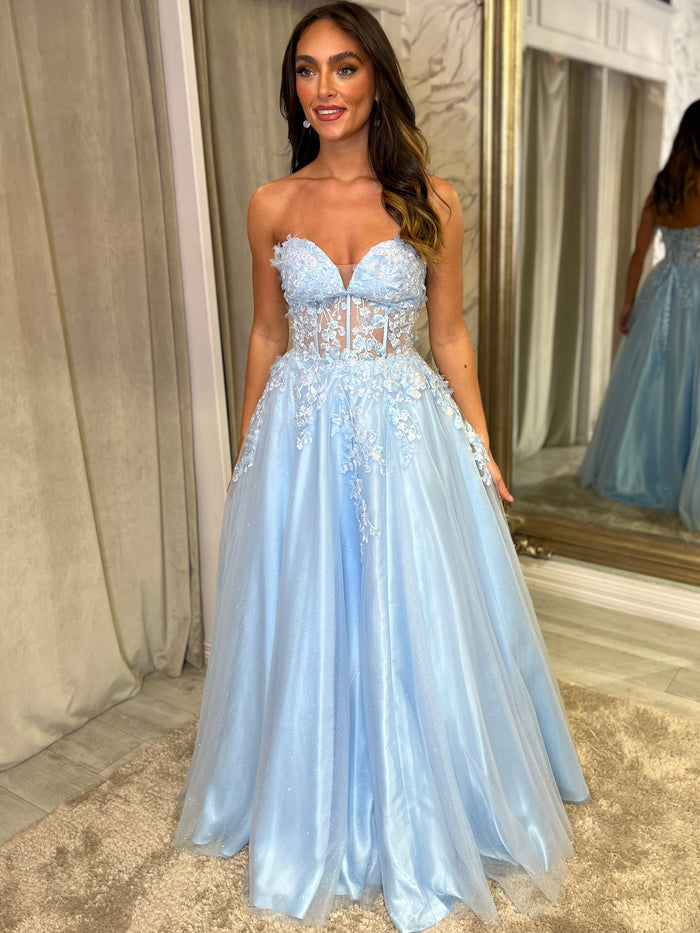 Powder Blue Strapless Ballgown With 3D Detail