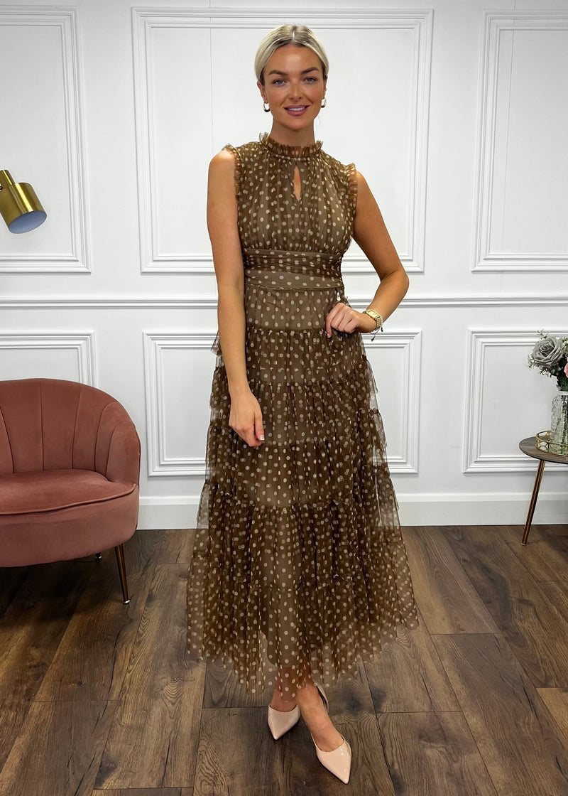 “Jillian” Dress In Tan Polka Dot