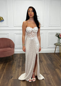 Champagne Fitted Fully Beaded Prom Dress With Corset Top