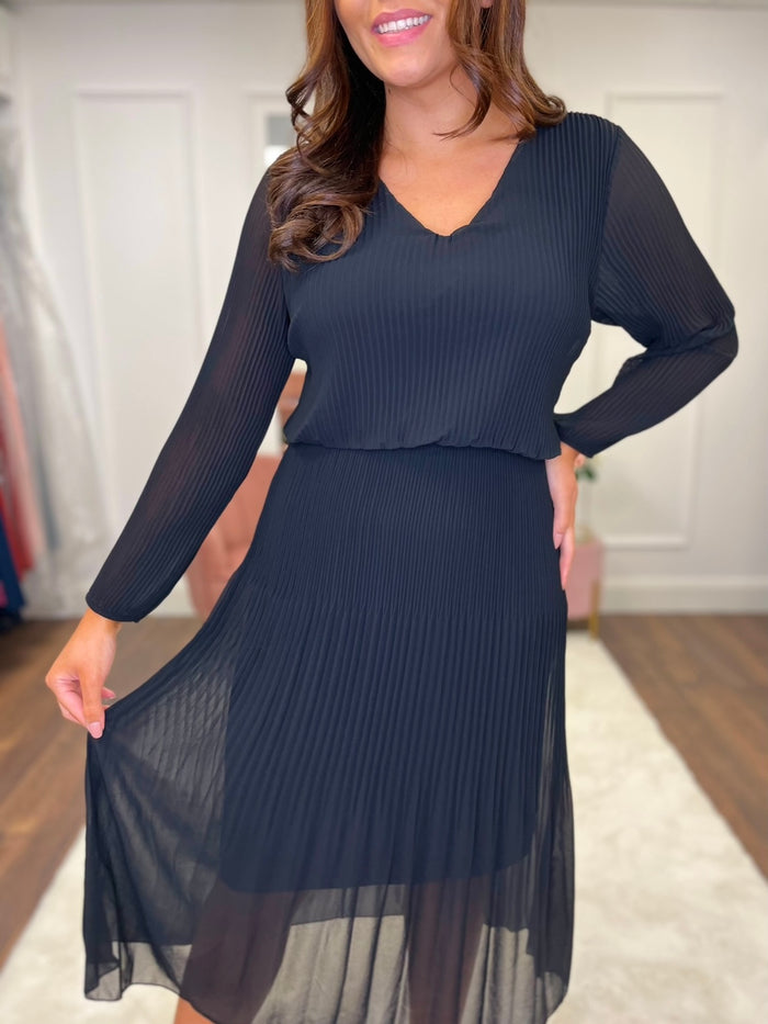 Black Fine Pleat Dress With Full Sleeve