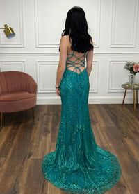 Green Glitter Effect Prom Dress With Lace Up Back