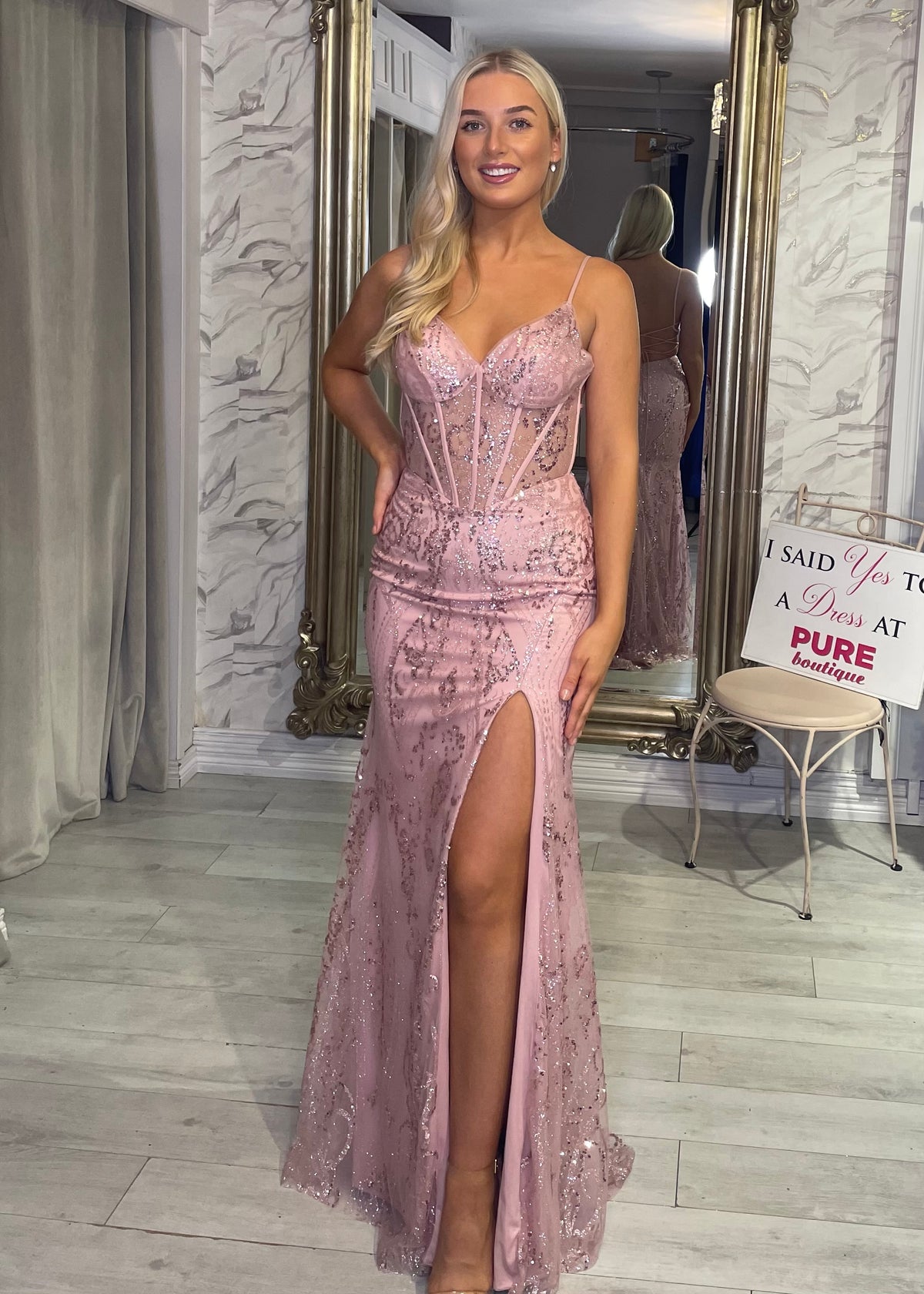 Blush Pink Glitter Effect Prom Dress With Lace Up Back