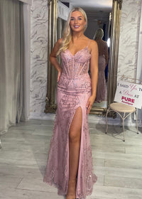 Blush Pink Glitter Effect Prom Dress With Lace Up Back