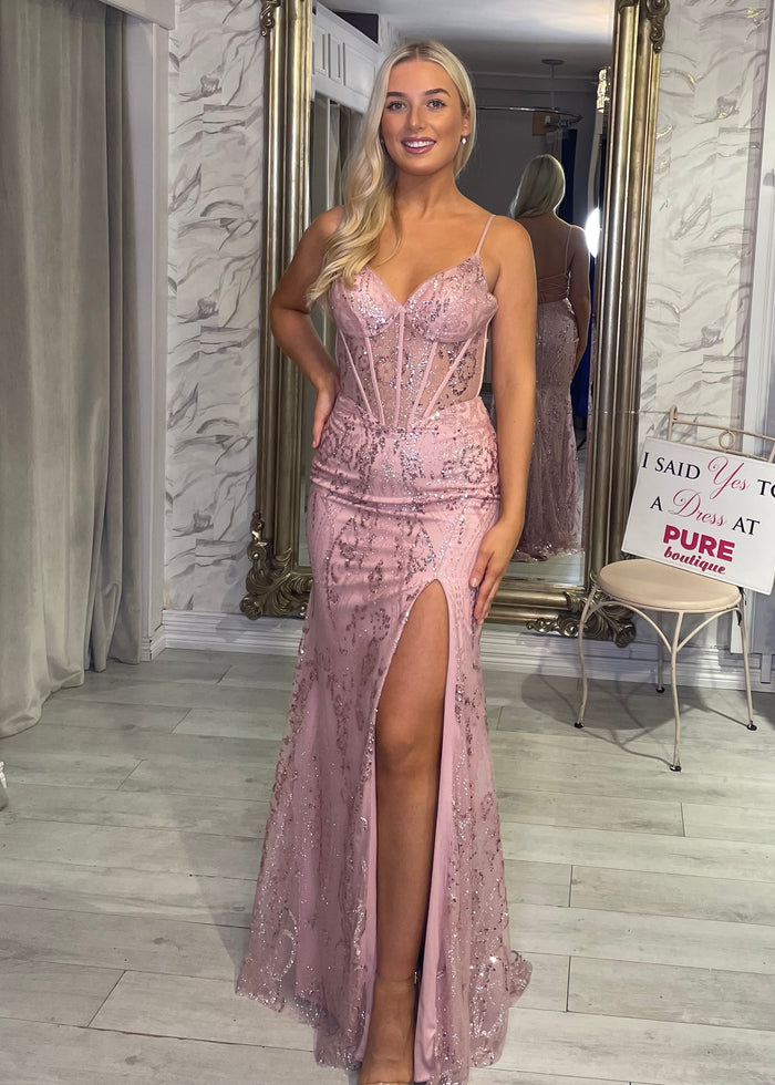 Blush Pink Glitter Effect Prom Dress With Lace Up Back
