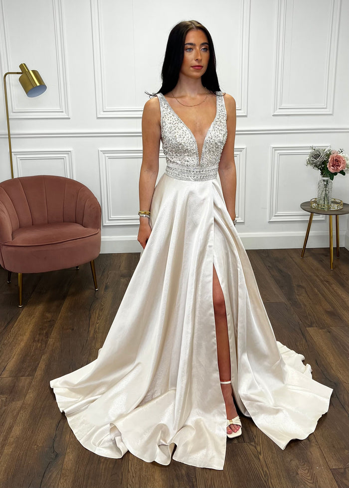 Champagne A-Line Prom Dress With Beaded Top