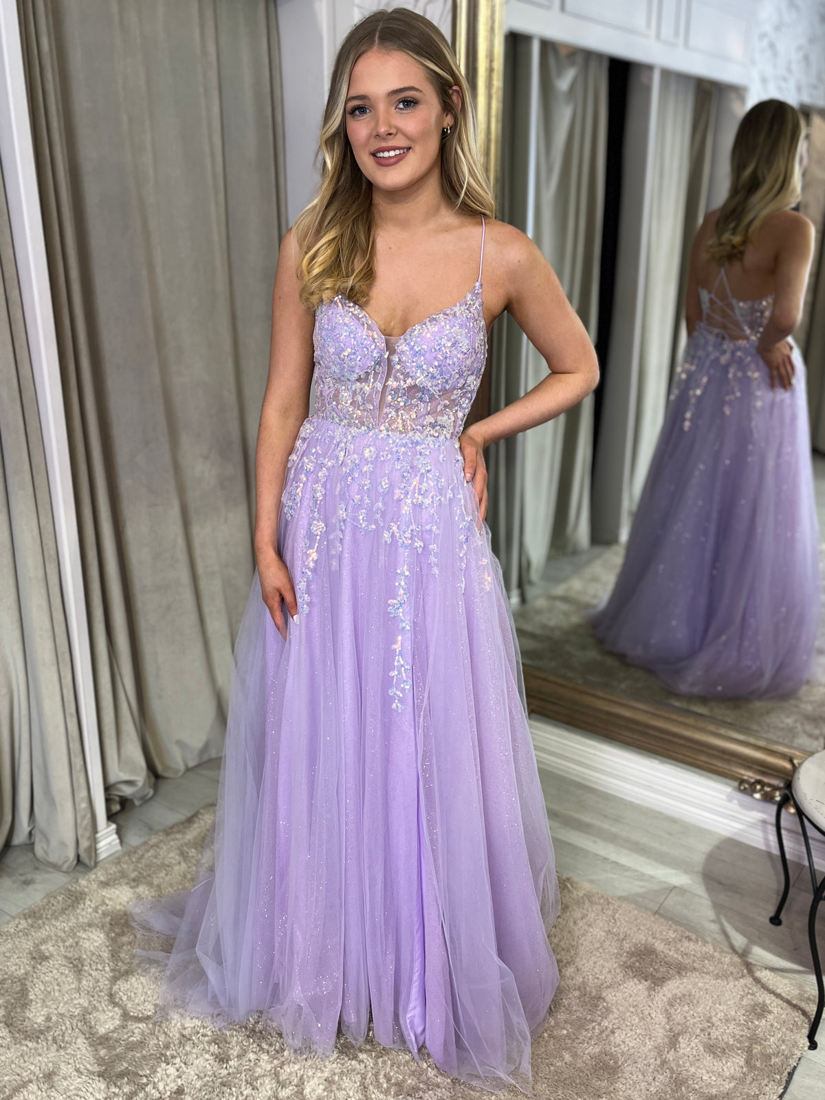 Lilac A-Line Dress With Lace Up Back And Sequin Detail