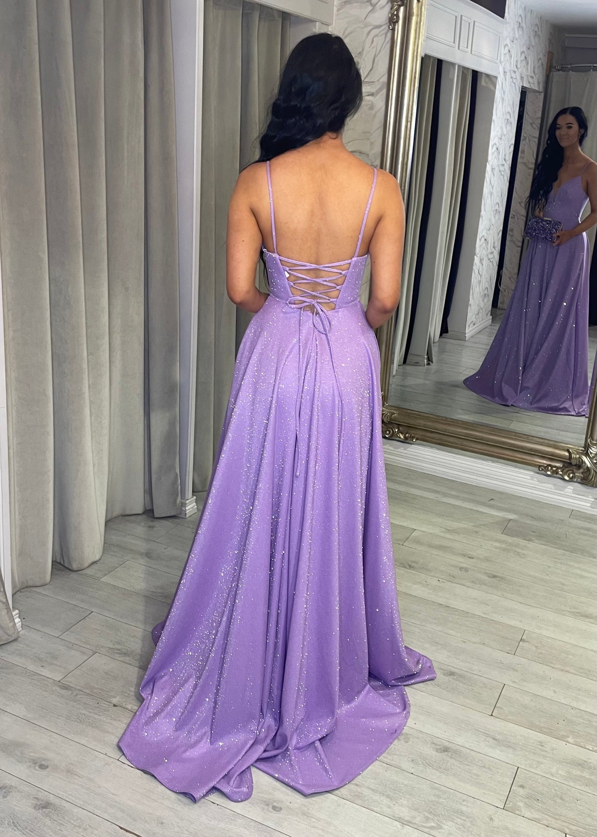 Lilac Shimmer Prom Dress With Lace Up Back