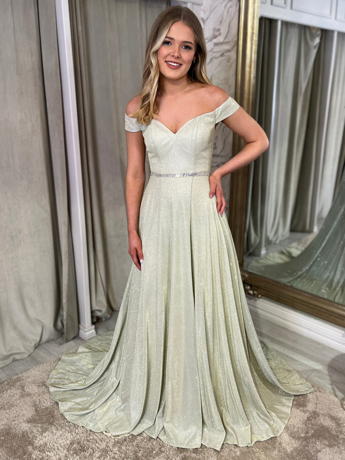 Champagne Shimmer Fabric Ballgown With Bardot Neckline