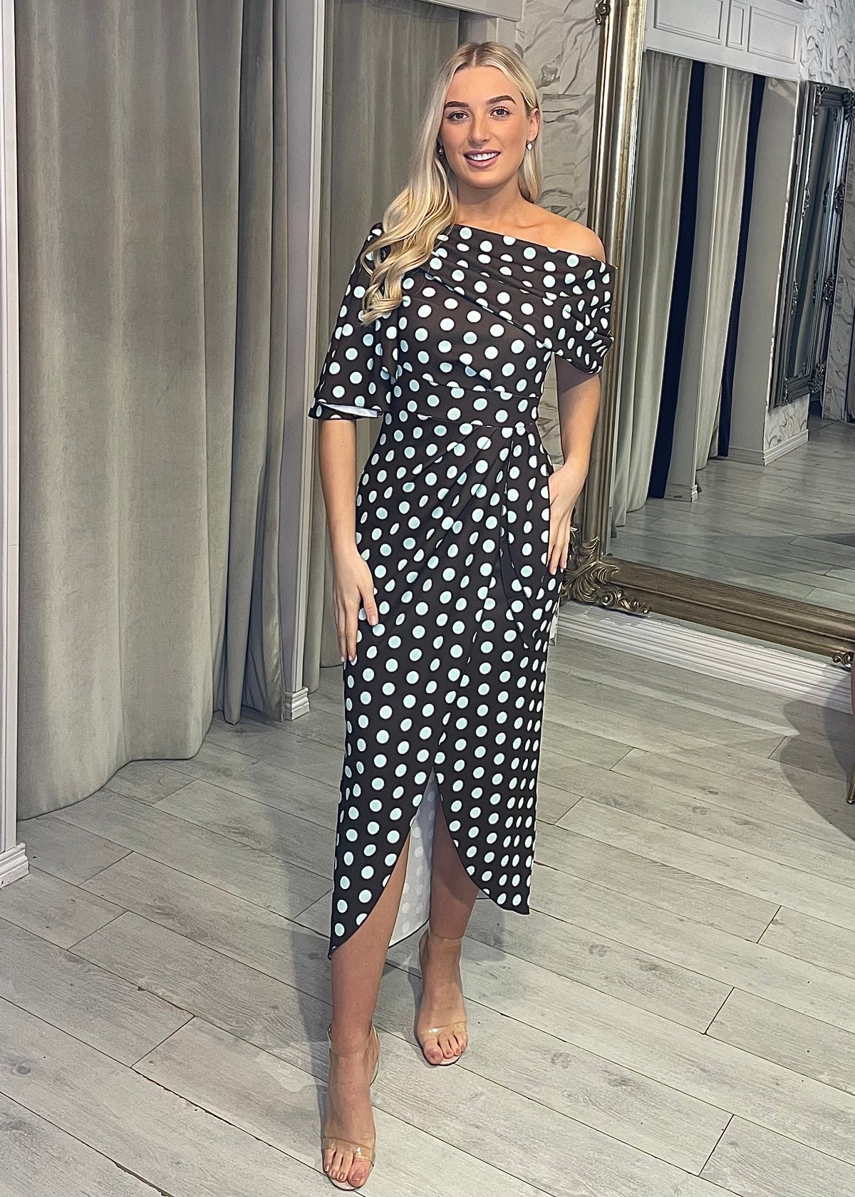 "Fidelma" Dress In Brown & Teal Polka Dot