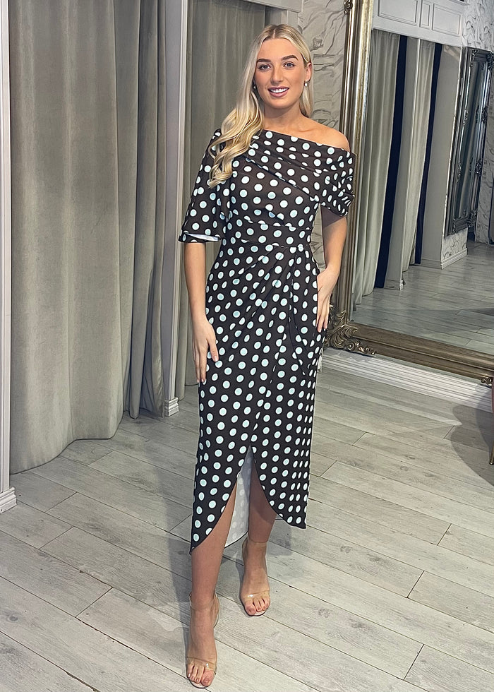 "Fidelma" Dress In Brown & Teal Polka Dot