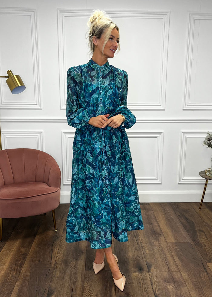 “Anya” Shirt Dress In Teal Print