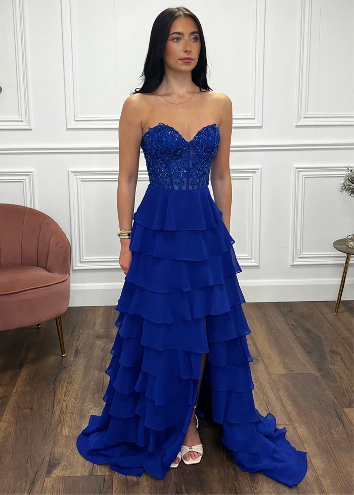 Royal Blue Prom Dress With Beaded Top And Tiered Ruffle Skirt