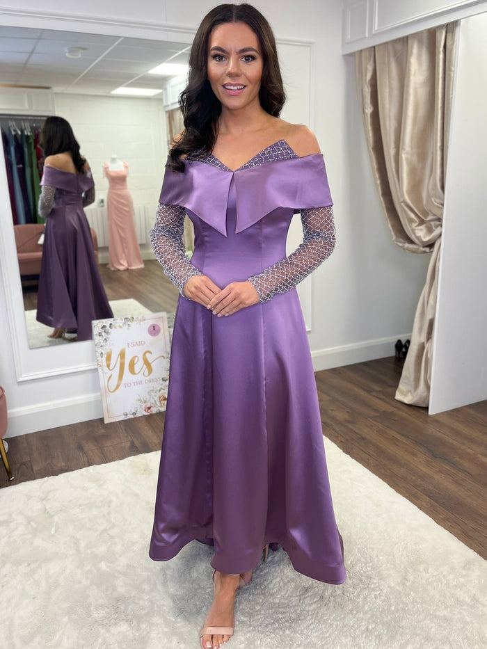 Purple Maxi Dress With Embellished Sleeves