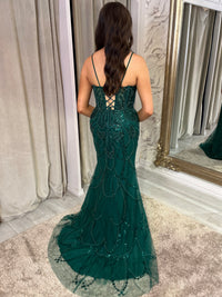 Green Fitted Beaded Prom Dress With Spaghetti Straps & Lace Up Back