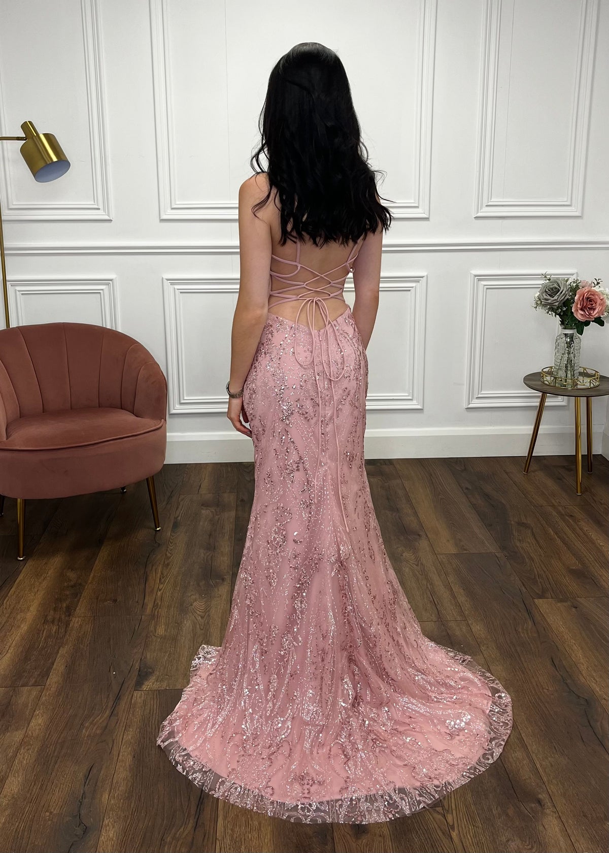 Blush Pink Glitter Effect Prom Dress With Lace Up Back