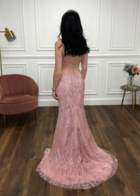 Blush Pink Glitter Effect Prom Dress With Lace Up Back