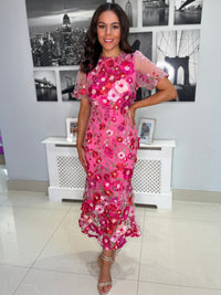 “Polly” Dress In Mixed Fuschia With 3D Floral Print