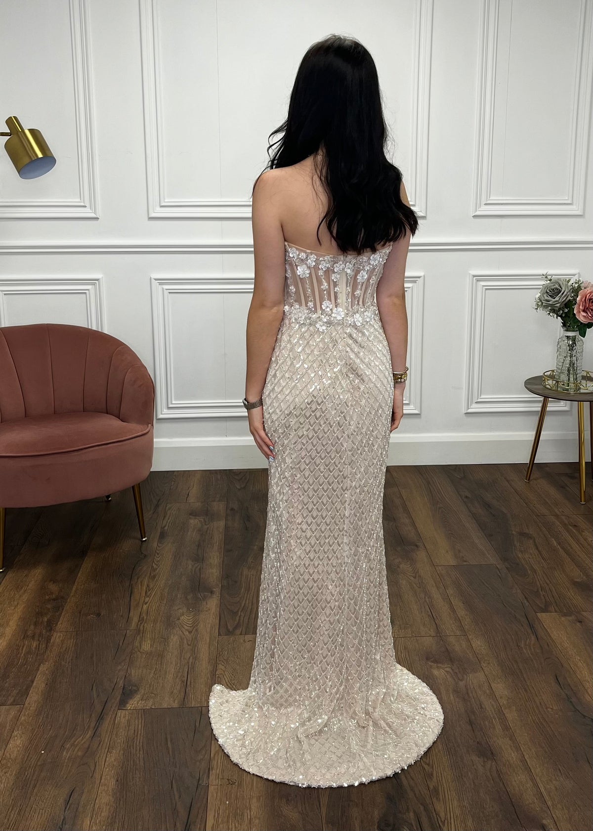 Champagne Fitted Fully Beaded Prom Dress With Corset Top
