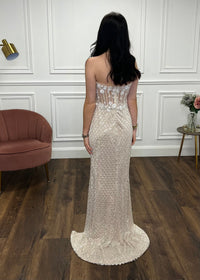 Champagne Fitted Fully Beaded Prom Dress With Corset Top