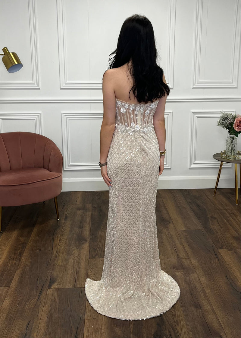 Champagne Fitted Fully Beaded Prom Dress With Corset Top