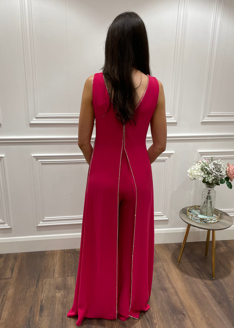 Cerise Pink Jumpsuit With Silver Diamonte Trim