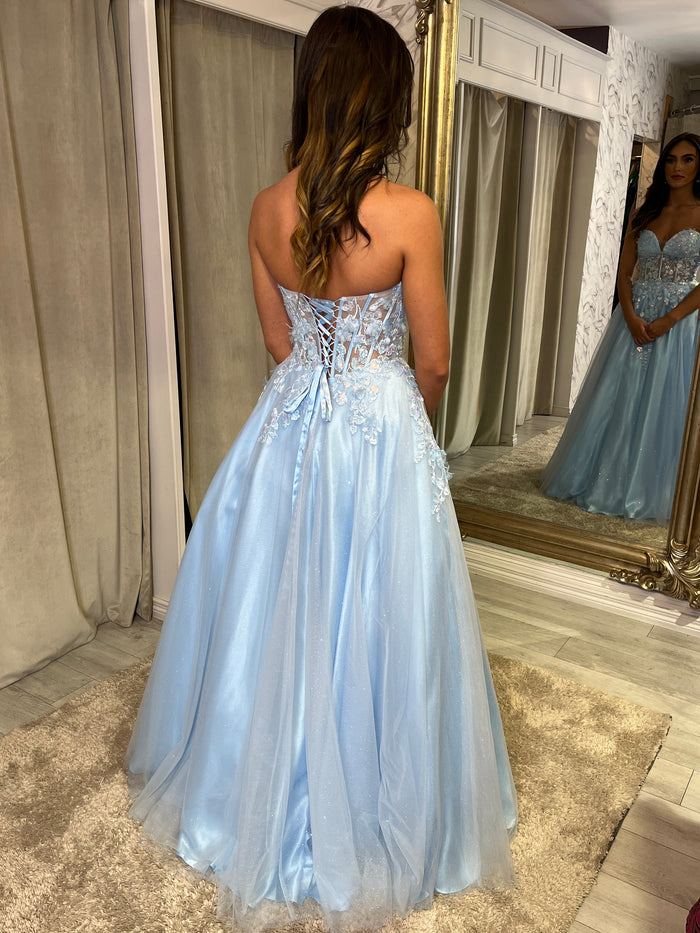 Powder Blue Strapless Ballgown With 3D Detail