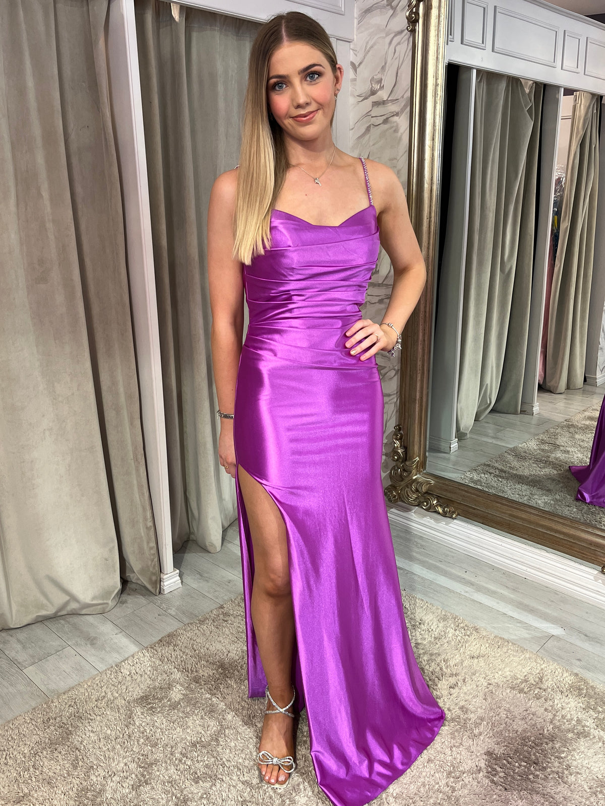 Magenta Satin Effect Fitted Dress With Diamonte Straps