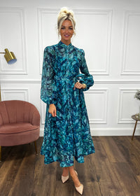 “Anya” Shirt Dress In Teal Print