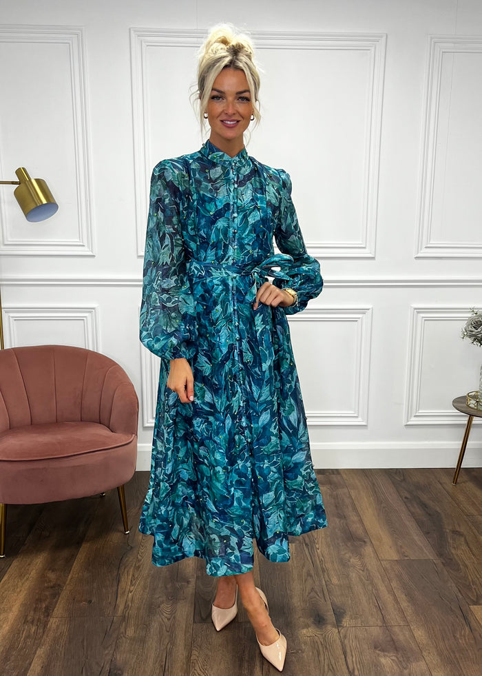 “Anya” Shirt Dress In Teal Print