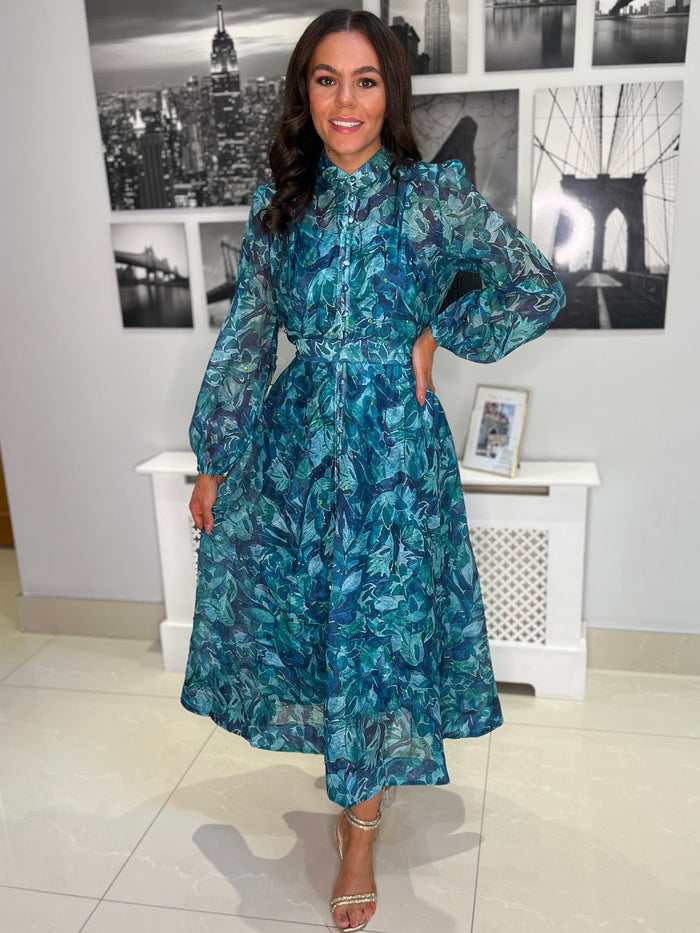 “Anya” Shirt Dress In Teal Print