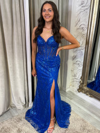 Royal Blue Glitter Effect Prom Dress With Lace Up Back