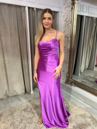 Magenta Satin Effect Fitted Dress With Diamonte Straps