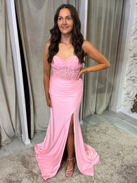 Baby Pink Strapless Prom Dress With Beaded Top