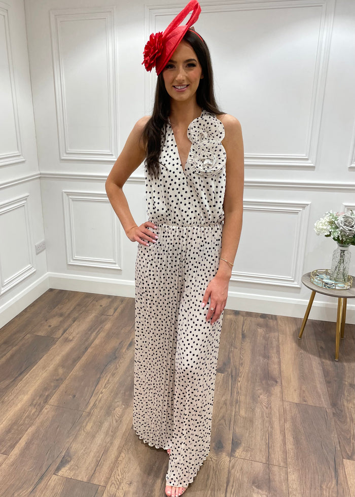 Cream And Black Polka Dot Pleated Jumpsuit