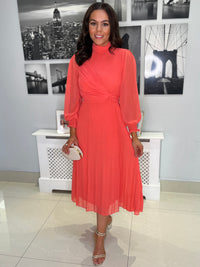 “Sophie” Pleated Dress In Coral