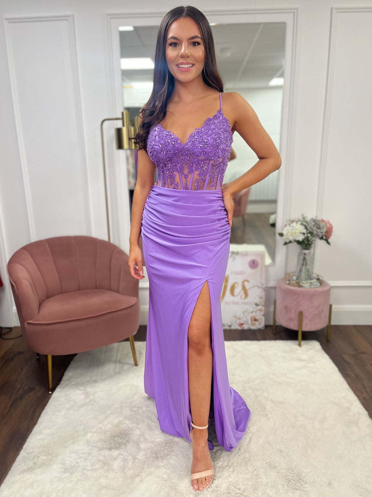 Purple Fitted Prom Dress With Lace Effect Corset Top