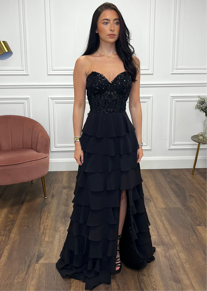 Black Prom Dress With Beaded Top And Tiered Ruffle Skirt