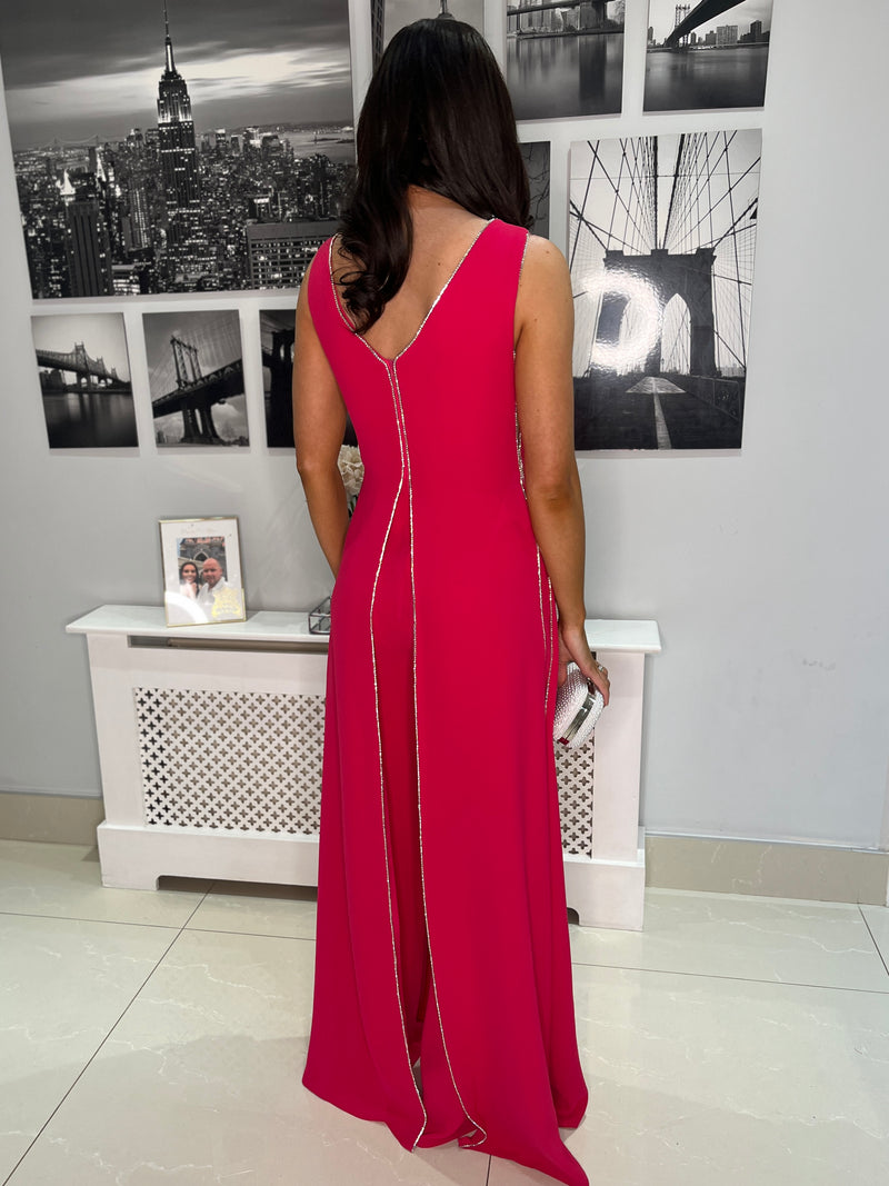 Cerise Pink Jumpsuit With Silver Diamonte Trim