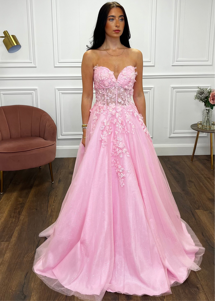 Baby Pink Strapless Ballgown With 3D Detail